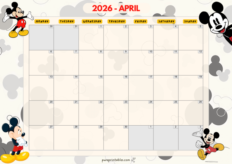 Mickey Mouse Calendar 2026 April - PurePrintables.Com