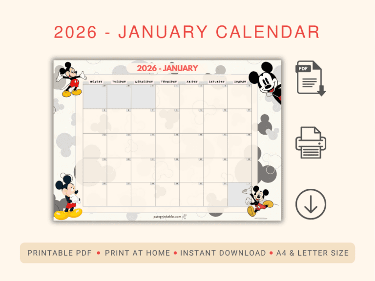 Mickey Mouse Calendar 2026 January