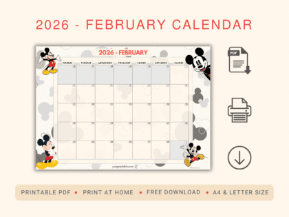 Mickey Mouse Calendar 2026 February