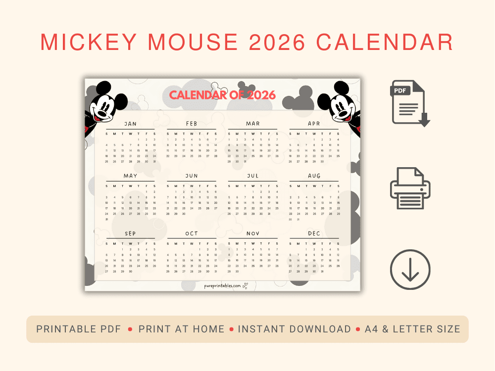 Mickey Mouse Calendar of 2026 - PurePrintables.Com