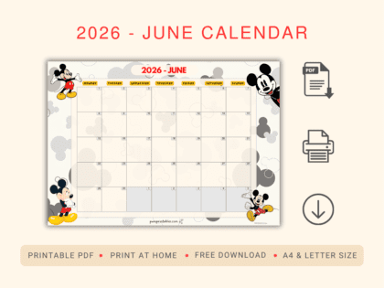 Mickey Mouse Calendar 2026 June
