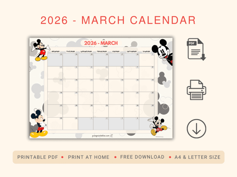 Mickey Mouse Calendar 2026 March