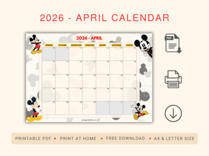 mickey mouse calendar 2026 April