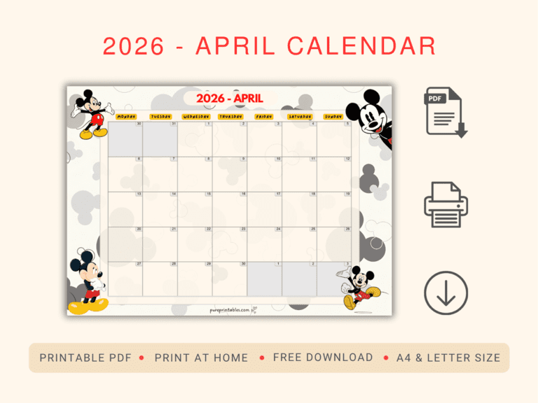 mickey mouse calendar 2026 April
